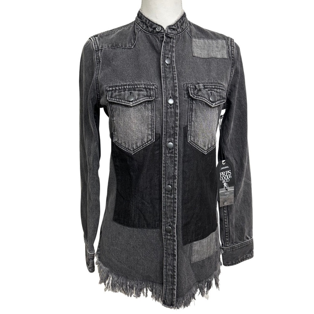 PRPS GOODS & CO Women’s Black Denim Distressed Hem Snap Button Shirt Size XSmall